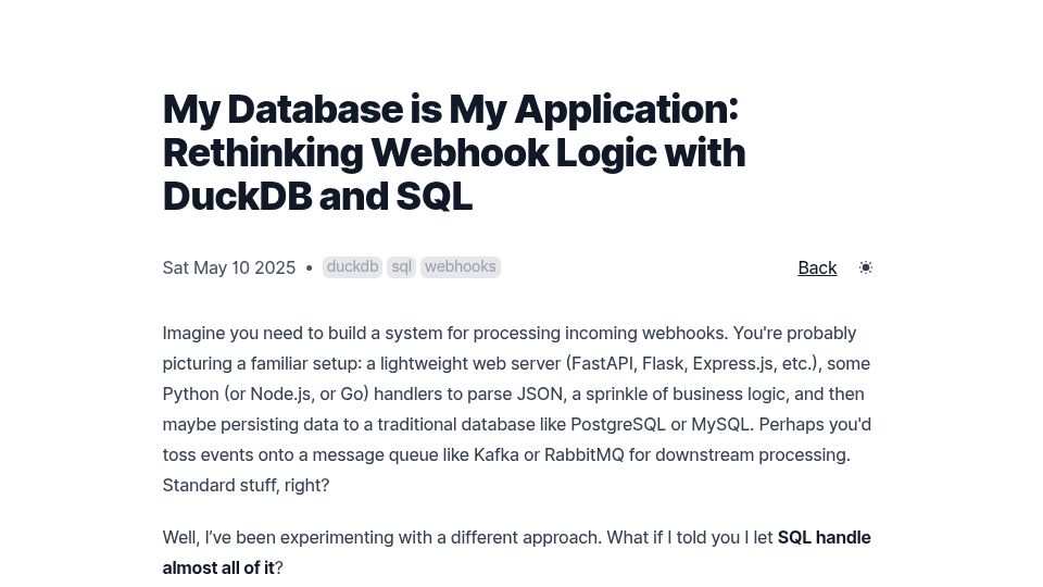 Screenshot of hey.earth: My Database Is My Application: Rethinking Webhook Logic with DuckDB and SQL