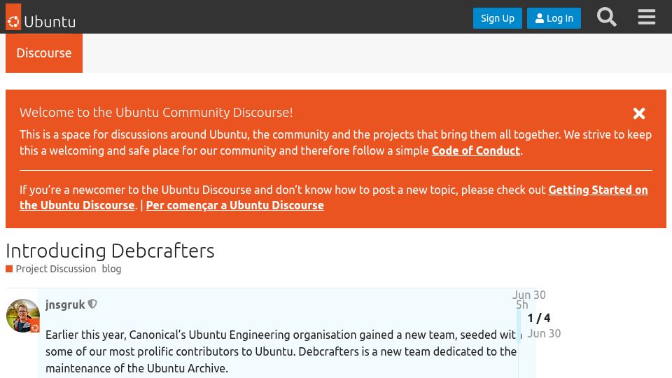 Screenshot of discourse.ubuntu.com: Ubuntu: Introducing Debcrafters