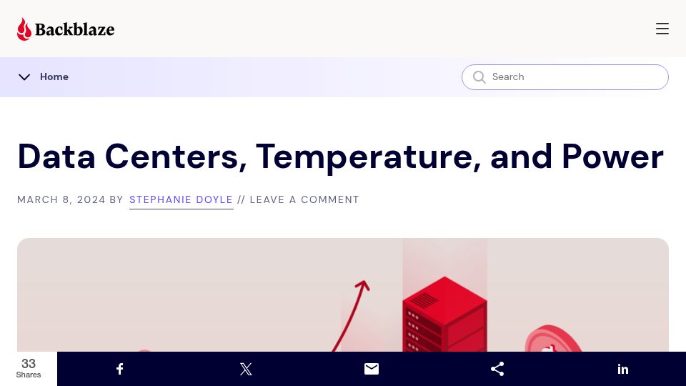 Screenshot of backblaze.com: Data Centers, Temperature, and Power