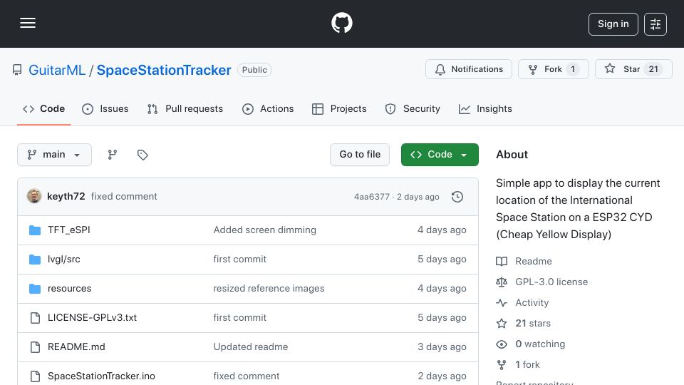 Screenshot of github.com: Show HN: Open-Source International Space Station Tracker ESP32/Arduino for $20
