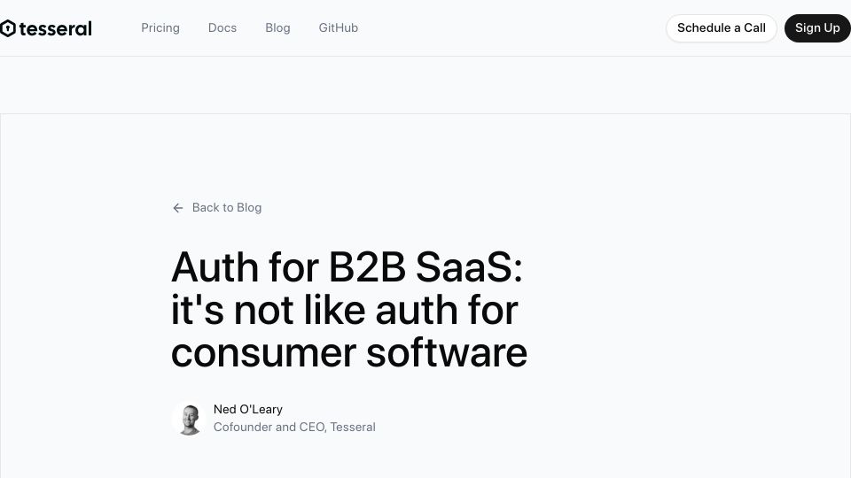 Screenshot of tesseral.com: Auth for B2B SaaS: it's not like auth for consumer software