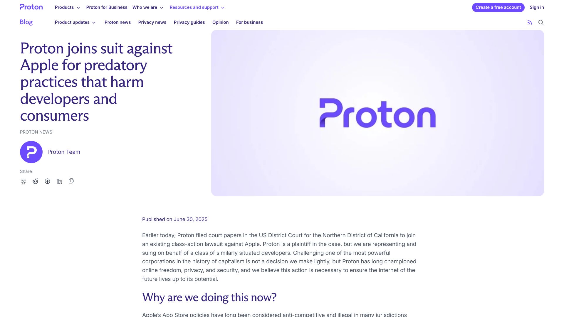 Screenshot of proton.me: Proton joins suit against Apple for practices that harm developers and consumers