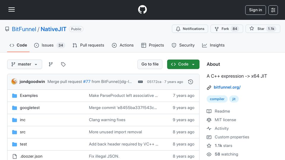 Screenshot of github.com: NativeJIT: A C++ expression –> x64 JIT (2018)