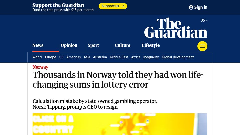 Screenshot of theguardian.com: Thousands in Norway told they had won life-changing sums in lottery error