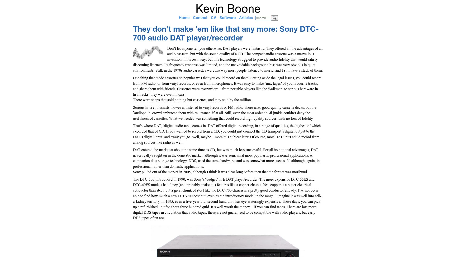 Screenshot of kevinboone.me: Sony DTC-700 audio DAT player/recorder