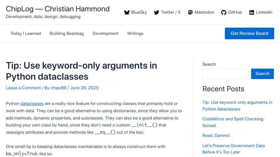 Screenshot of chipx86.blog: Use keyword-only arguments in Python dataclasses