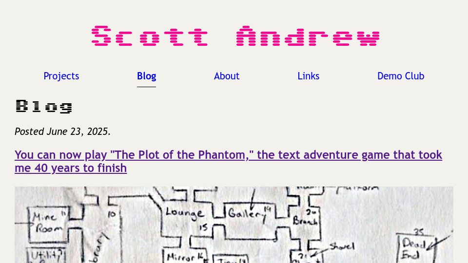 Screenshot of scottandrew.com: The Plot of the Phantom, a text adventure that took 40 years to finish