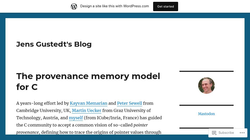 Screenshot of gustedt.wordpress.com: The provenance memory model for C