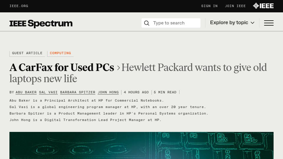 Screenshot of spectrum.ieee.org: A CarFax for Used PCs; Hewlett Packard wants to give old laptops new life