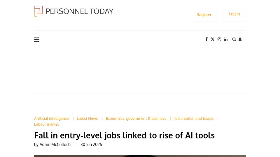 Screenshot of personneltoday.com: Entry-level jobs down by a third since launch of ChatGPT