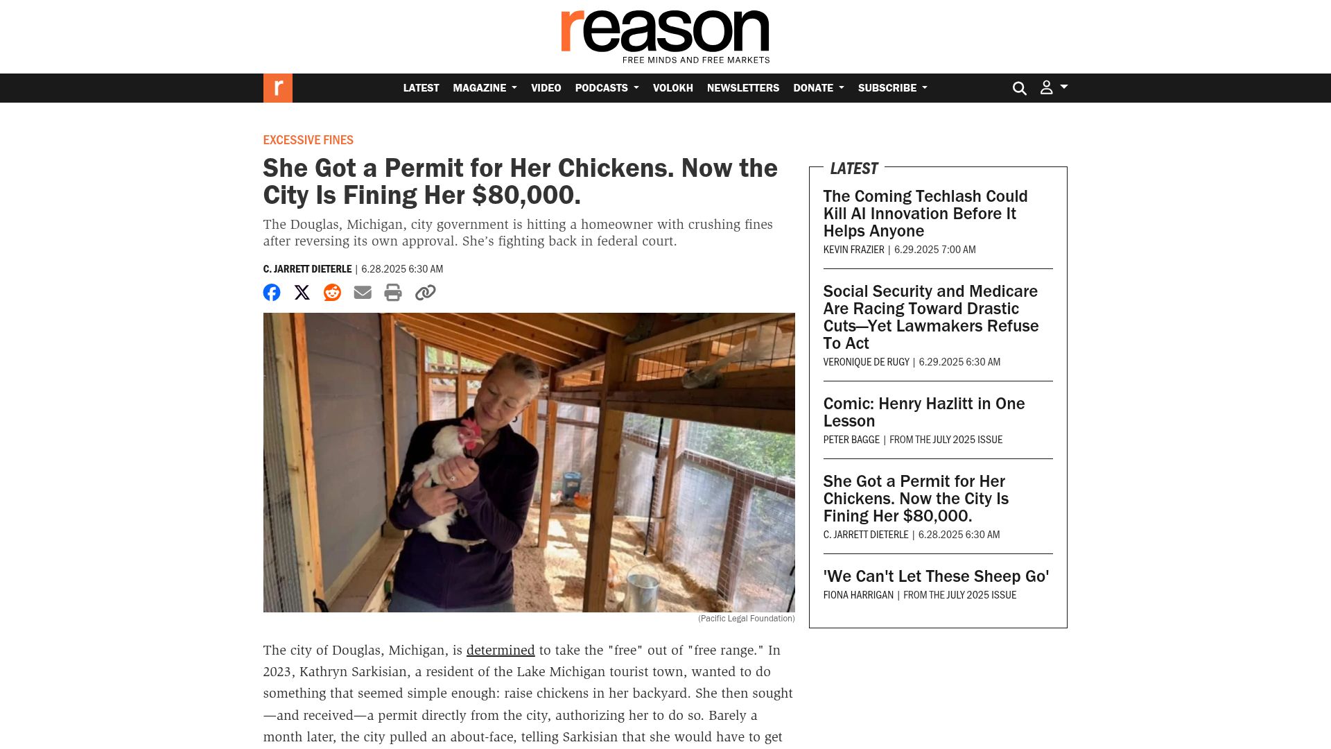 Screenshot of reason.com: She Got a Permit for Her Chickens. Now the City Is Fining Her $80k