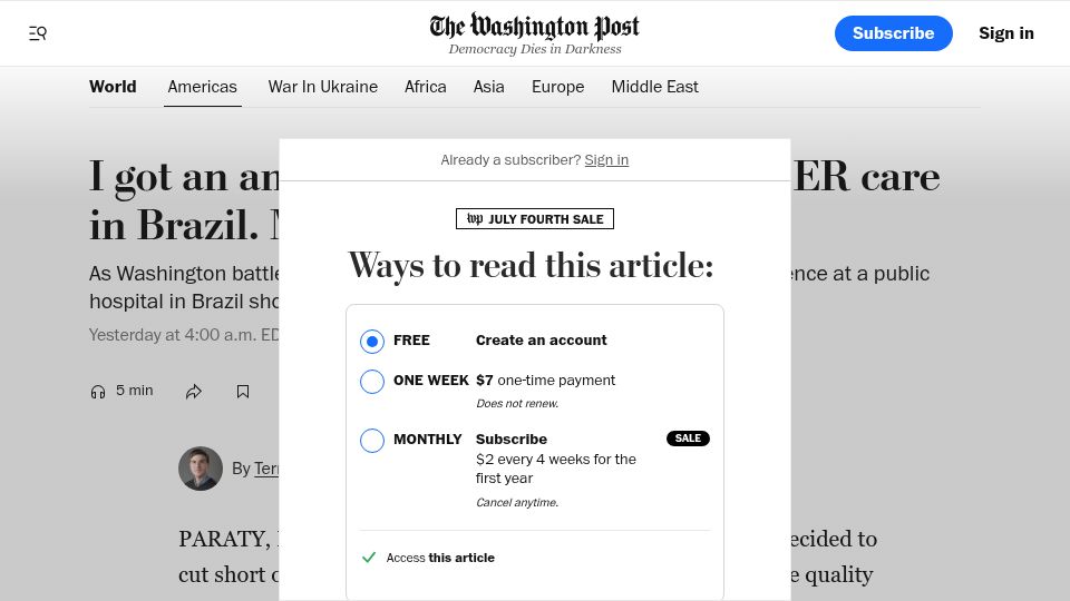 Screenshot of washingtonpost.com: I got an ambulance ride, CT scan and ER care in Brazil. My bill: $0
