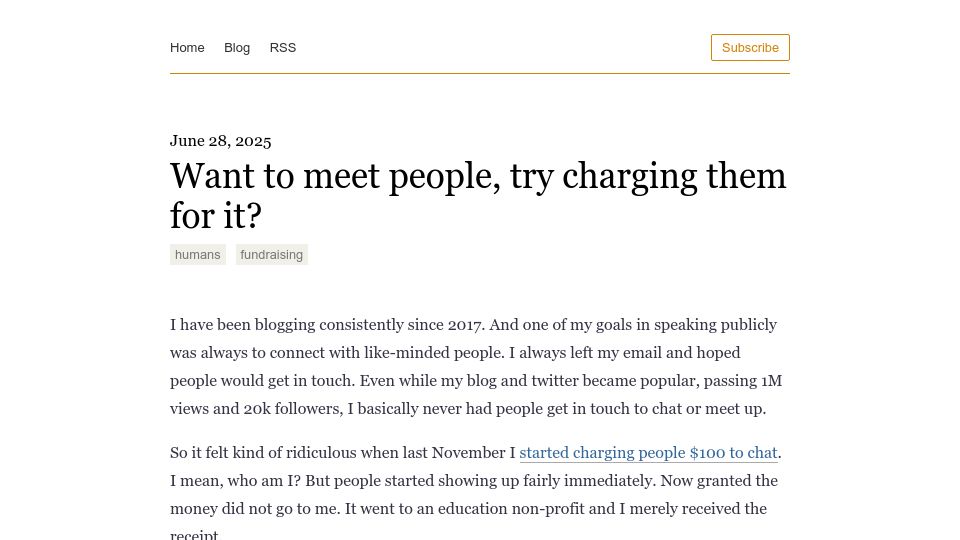 Screenshot of notes.eatonphil.com: Want to meet people, try charging them for it?