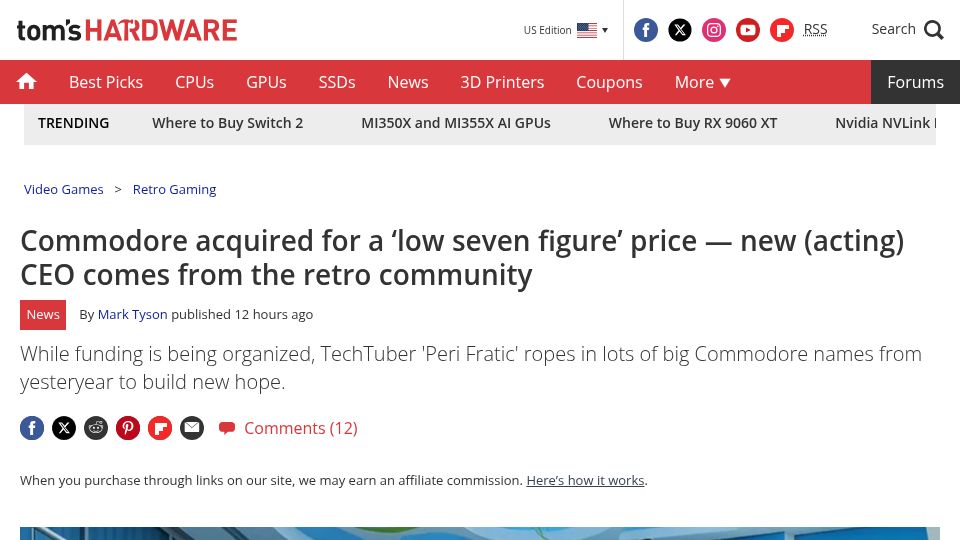 Screenshot of tomshardware.com: Commodore acquired for a 'low seven figure' price – CEO from retro community