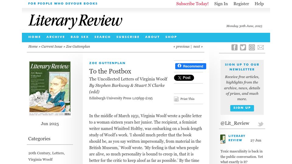 Screenshot of literaryreview.co.uk: To the Postbox