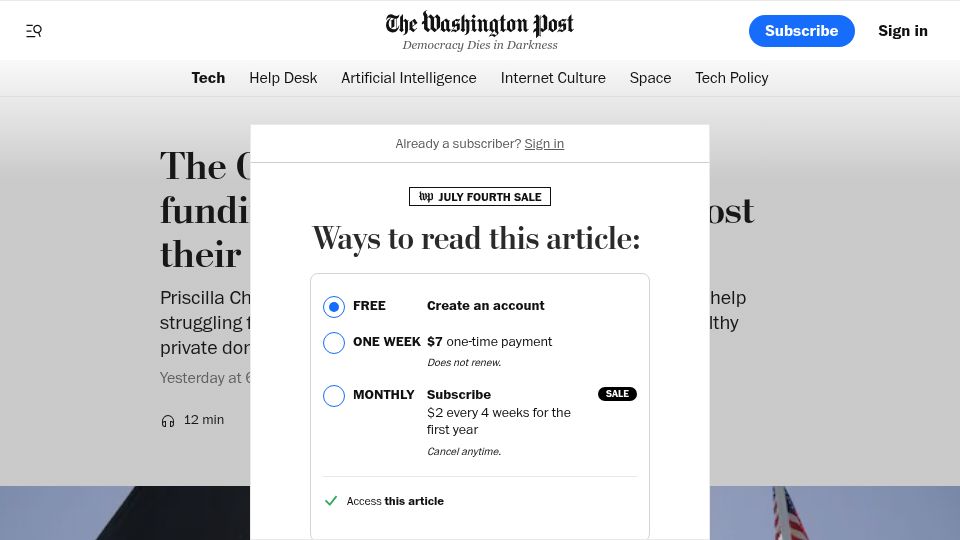 Screenshot of washingtonpost.com: The Chan-Zuckerbergs stopped funding social causes