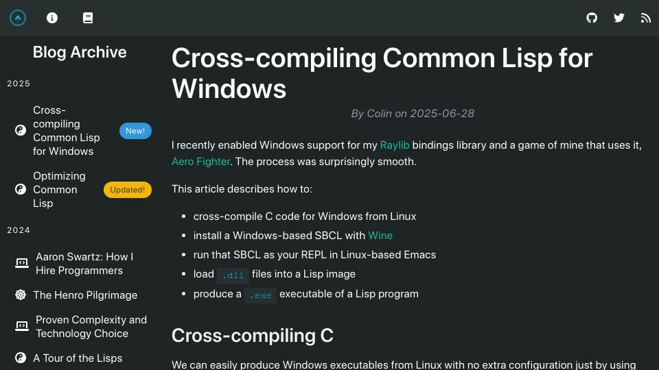 Screenshot of fosskers.ca: Cross-Compiling Common Lisp for Windows