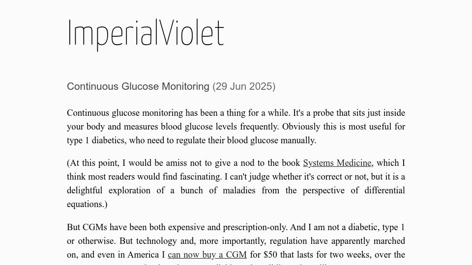 Screenshot of imperialviolet.org: Continuous Glucose Monitoring
