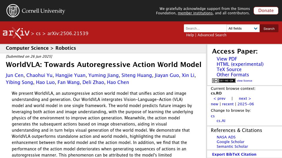 Screenshot of arxiv.org: WorldVLA: Towards Autoregressive Action World Model