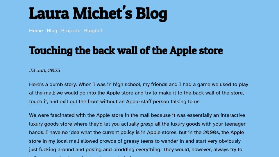 Screenshot of blog.lauramichet.com: Touching the back wall of the Apple store
