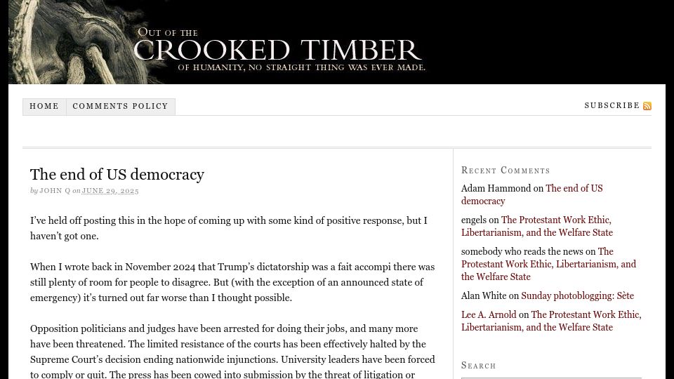 Screenshot of crookedtimber.org: The End of US Democracy