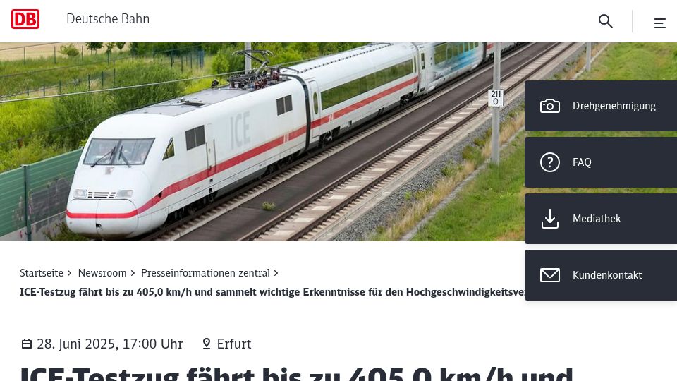 Screenshot of deutschebahn.com: ICE test train reaches speeds of up to 405.0 km/h