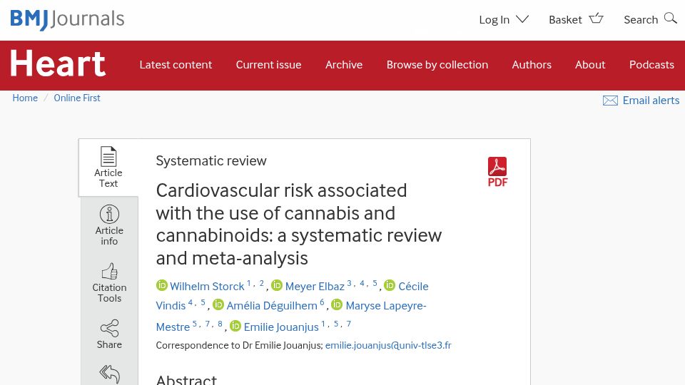 Screenshot of heart.bmj.com: Positive link between cannabis use and 'Major Adverse Cardiovascular Events'