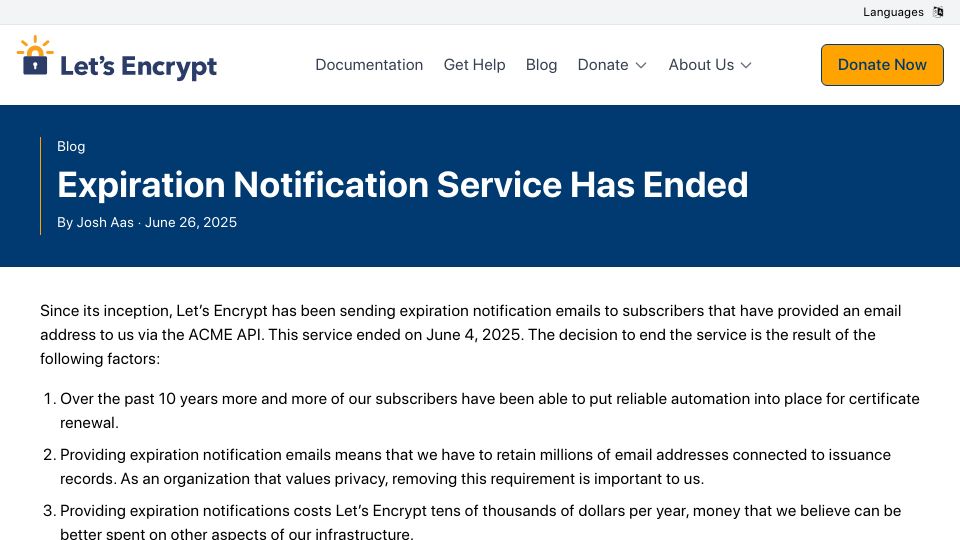 Screenshot of letsencrypt.org: LetsEncrypt – Expiration Notification Service Has Ended