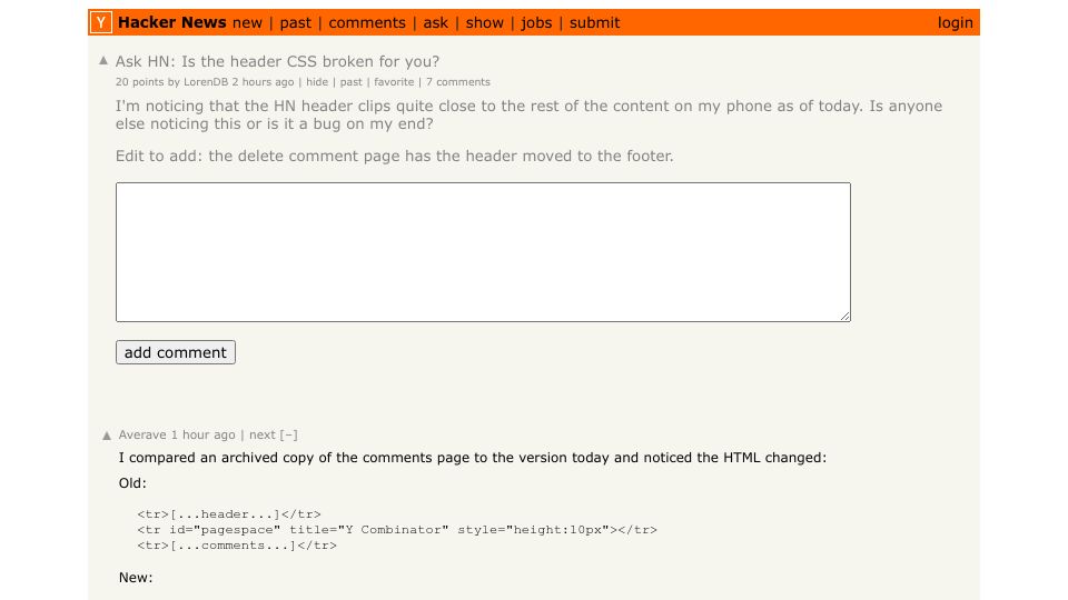 Screenshot of Hacker News post: Ask HN: Is the header CSS broken for you?