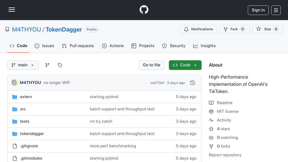 Screenshot of github.com: Show HN: TokenDagger – A tokenizer faster than OpenAI's Tiktoken