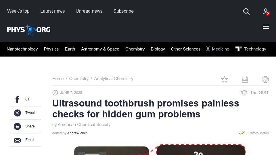 Screenshot of phys.org: Ultrasound toothbrush promises painless checks for hidden gum problems