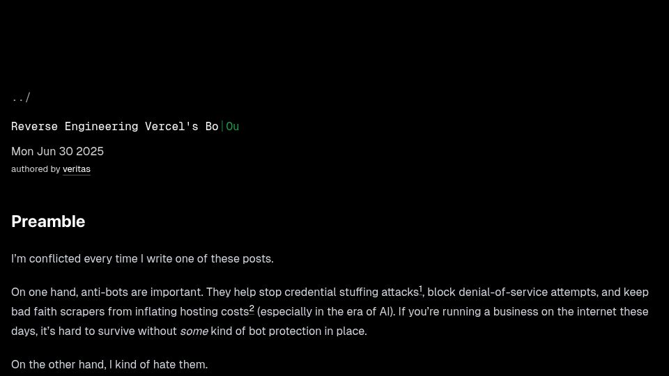 Screenshot of nullpt.rs: Reverse Engineering Vercel's BotID