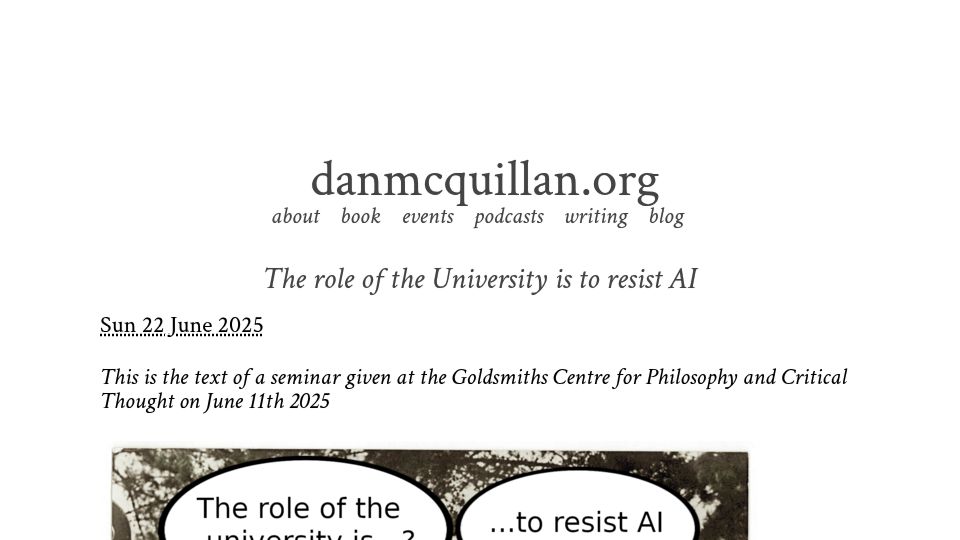Screenshot of danmcquillan.org: The role of the University is to resist AI