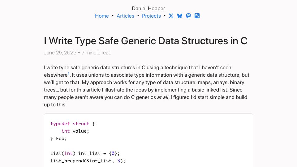 Screenshot of danielchasehooper.com: I write type-safe generic data structures in C