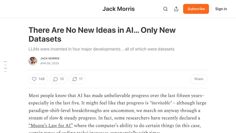 Screenshot of blog.jxmo.io: There are no new ideas in AI, only new datasets