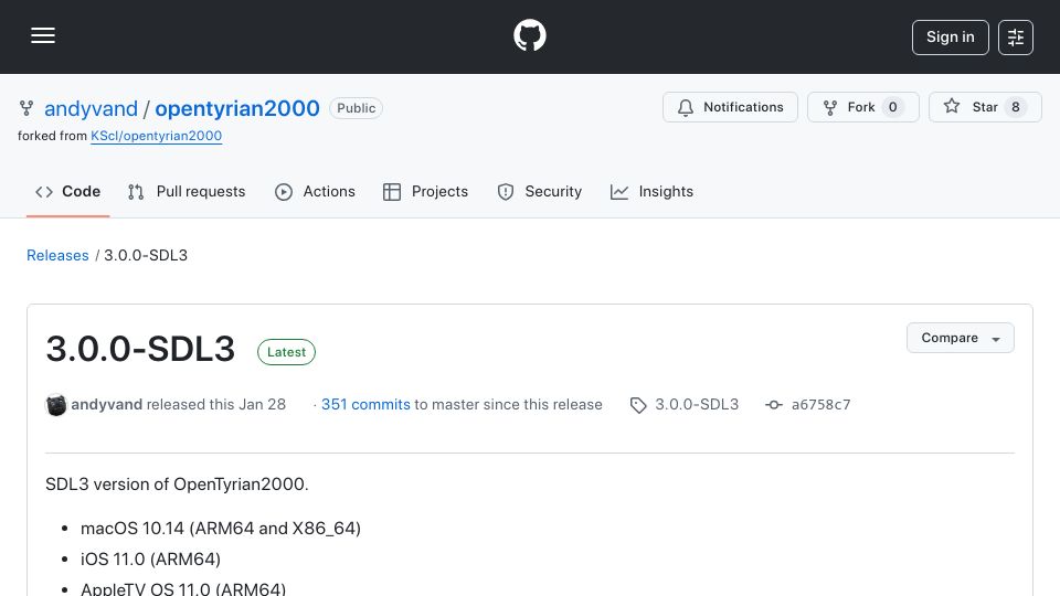 Screenshot of github.com: OpenTyrian2000 – multi platform SDL3 version of Tyrian 2000 released