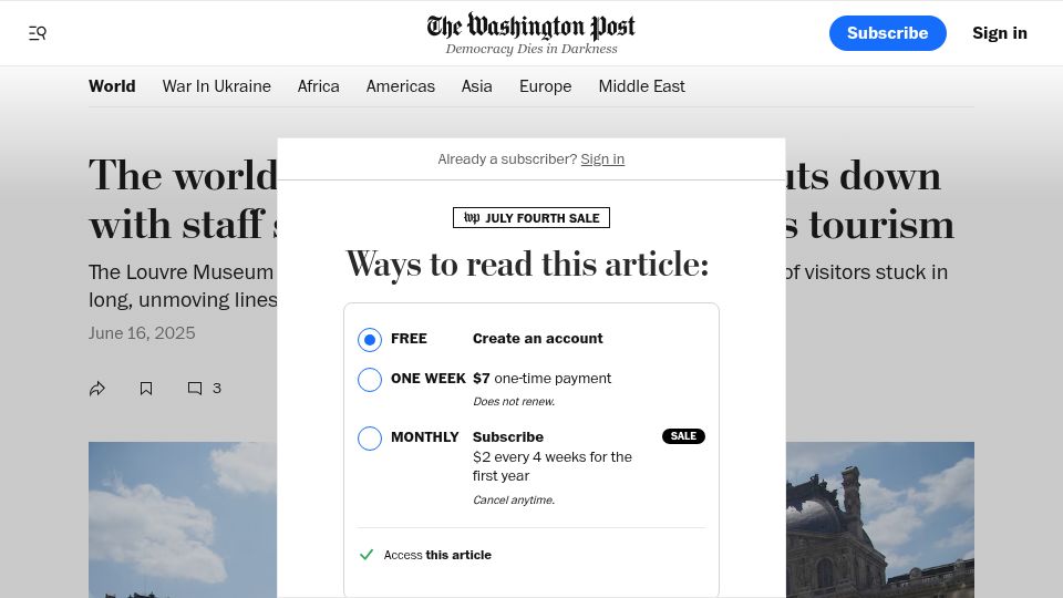 Screenshot of washingtonpost.com: Louvre shuts down with staff sounding the alarm on mass tourism
