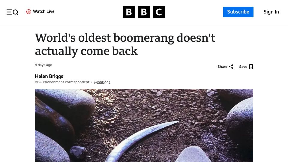 Screenshot of bbc.co.uk: Oldest boomerang doesn't come back