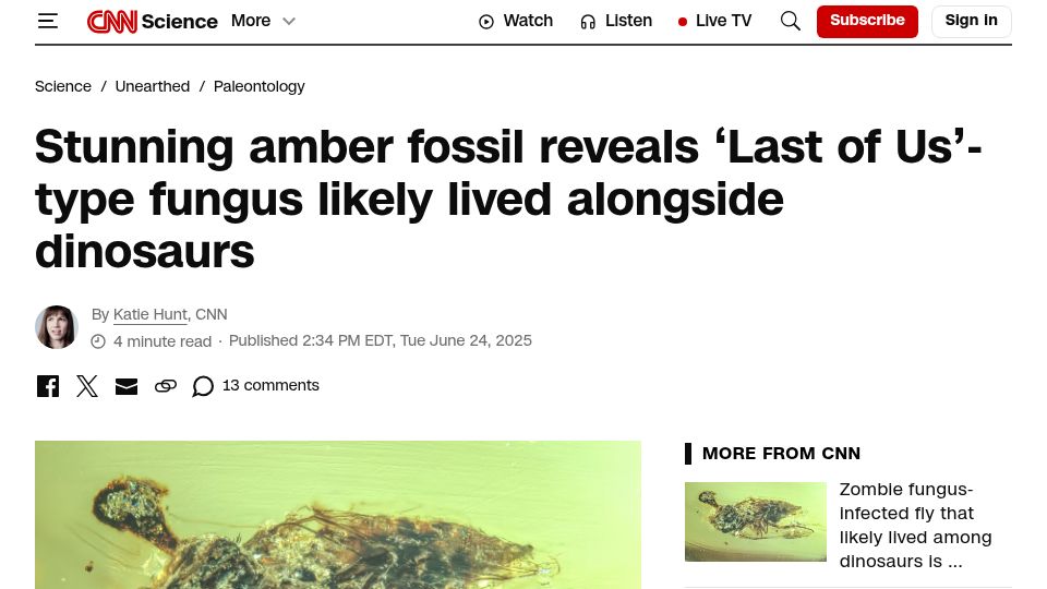 Screenshot of cnn.com: A glob of 99M-year-old amber trapped a zombie fungus erupting from a fly