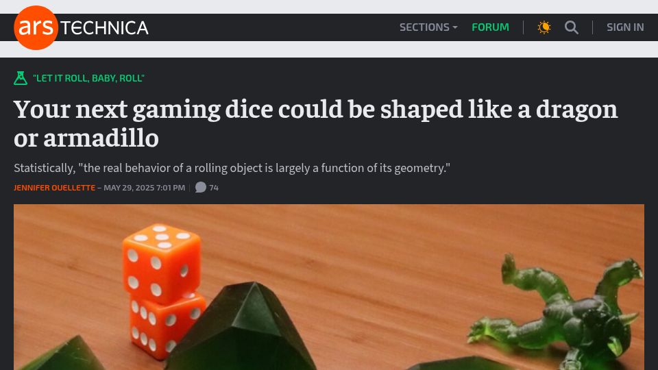 Screenshot of arstechnica.com: Creating fair dice from random objects