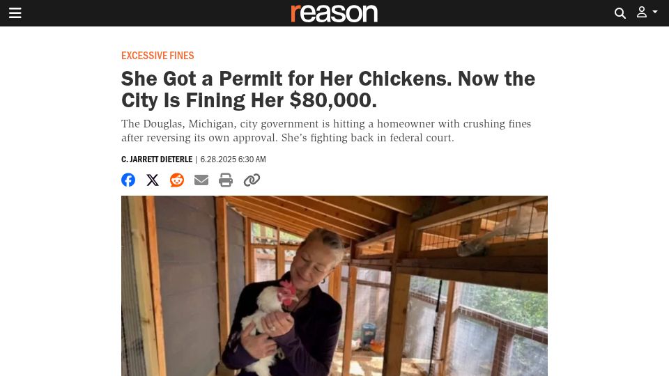 Screenshot of reason.com: She Got a Permit for Her Chickens. Now the City Is Fining Her $80k