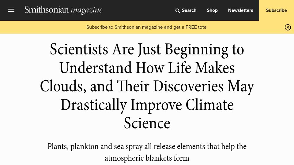 Screenshot of smithsonianmag.com: Cloud-forming isoprene and terpenes from crops may drastically improve climate