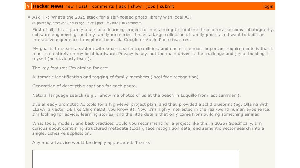Screenshot of Hacker News post: Ask HN: What's the 2025 stack for a self-hosted photo library with local AI?