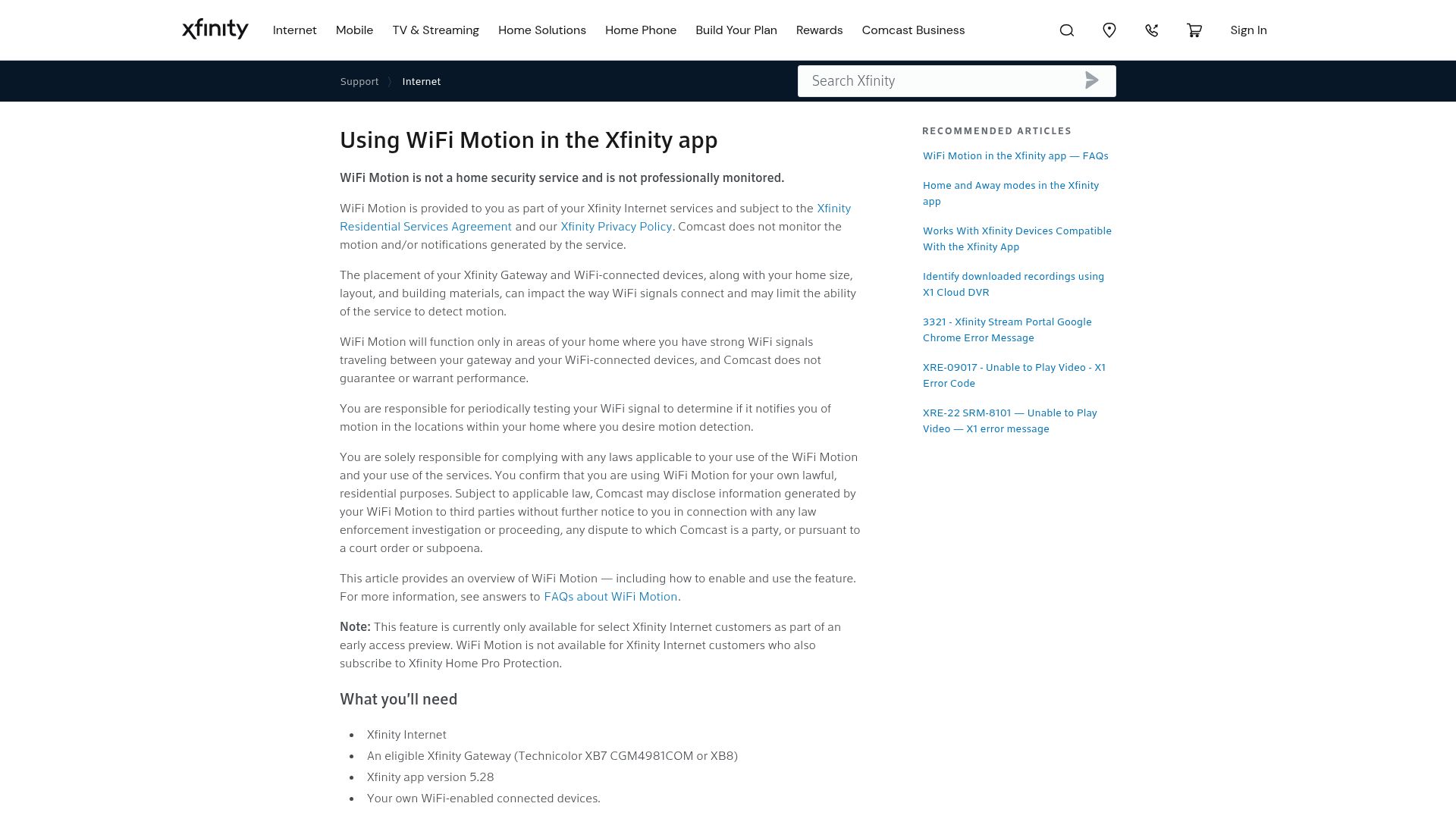 Screenshot of xfinity.com: Xfinity using WiFi signals in your house to detect motion