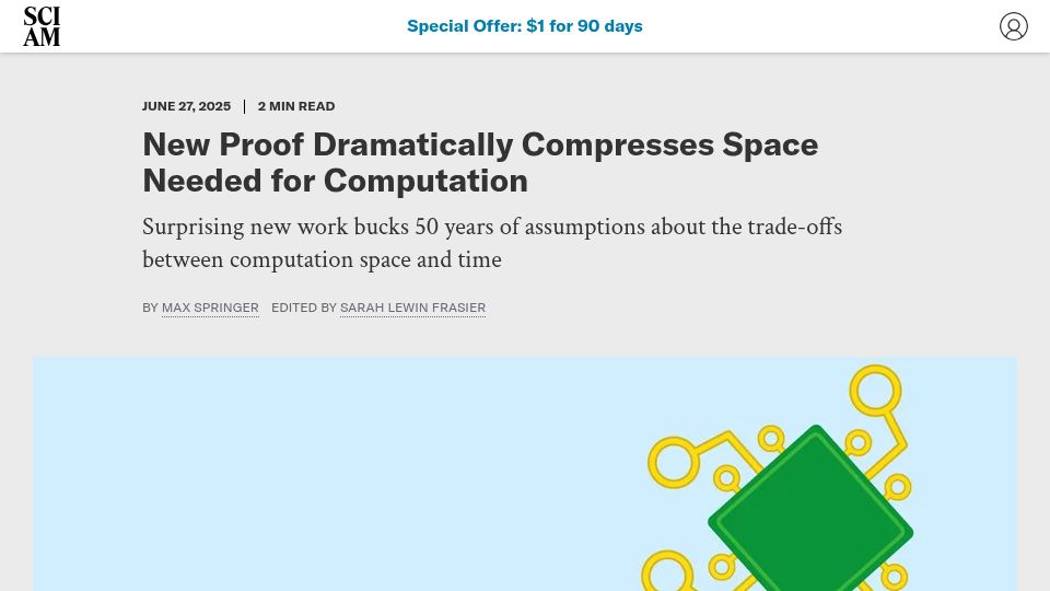 Screenshot of scientificamerican.com: New proof dramatically compresses space needed for computation