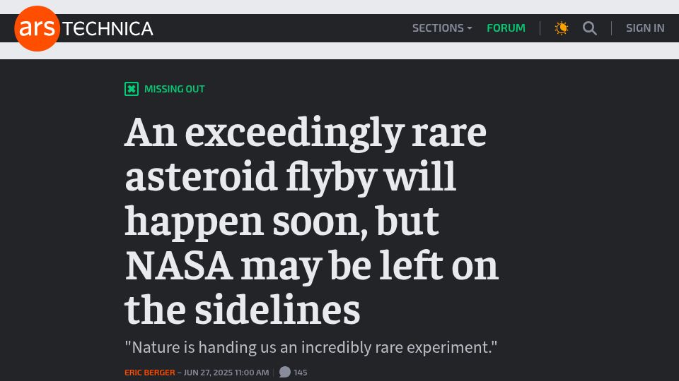 Screenshot of arstechnica.com: A rare asteroid flyby will happen soon, but NASA may be left on the sidelines