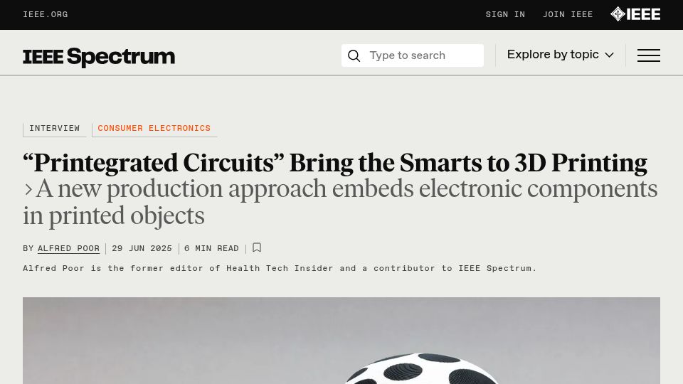 Screenshot of spectrum.ieee.org: Printegrated Circuits: Merging 3D Printing and Electronics