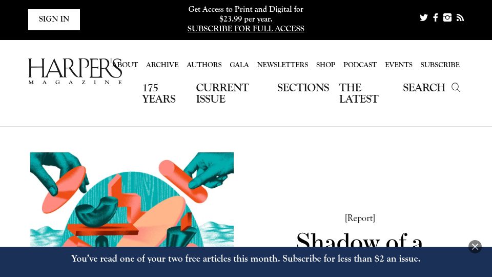 Screenshot of harpers.org: Shadow of a Doubt