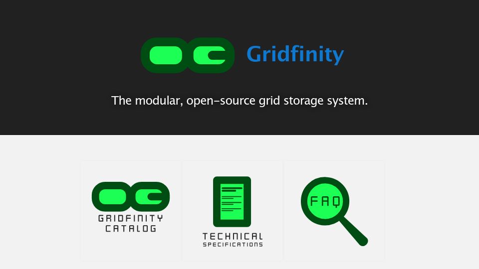 Screenshot of gridfinity.xyz: Gridfinity: The modular, open-source grid storage system