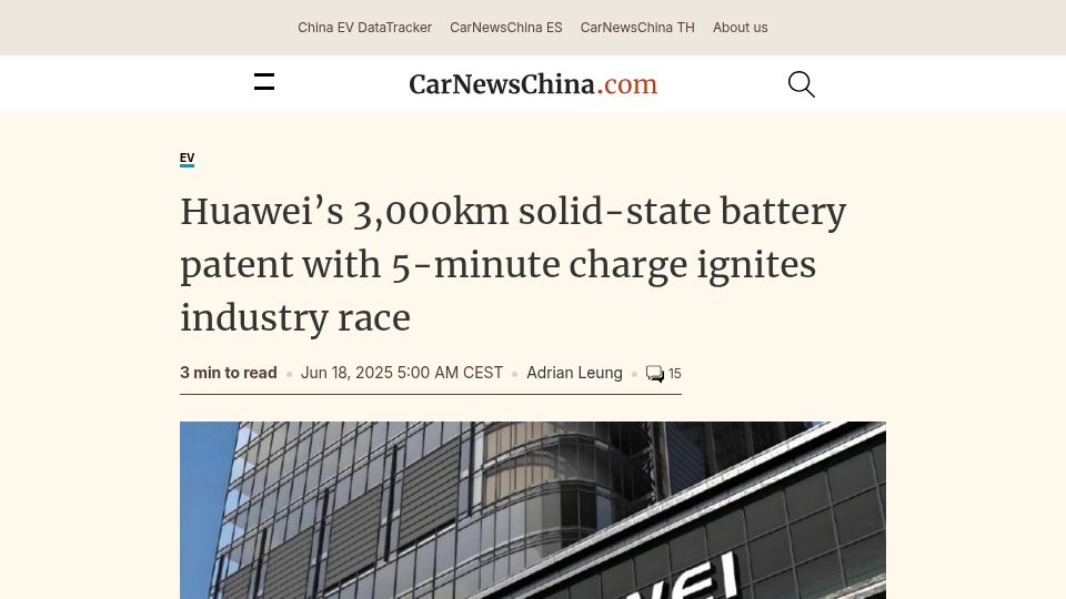 Screenshot of carnewschina.com: Huawei Patents 3,000km Solid-State Battery with 5-Minute Charge